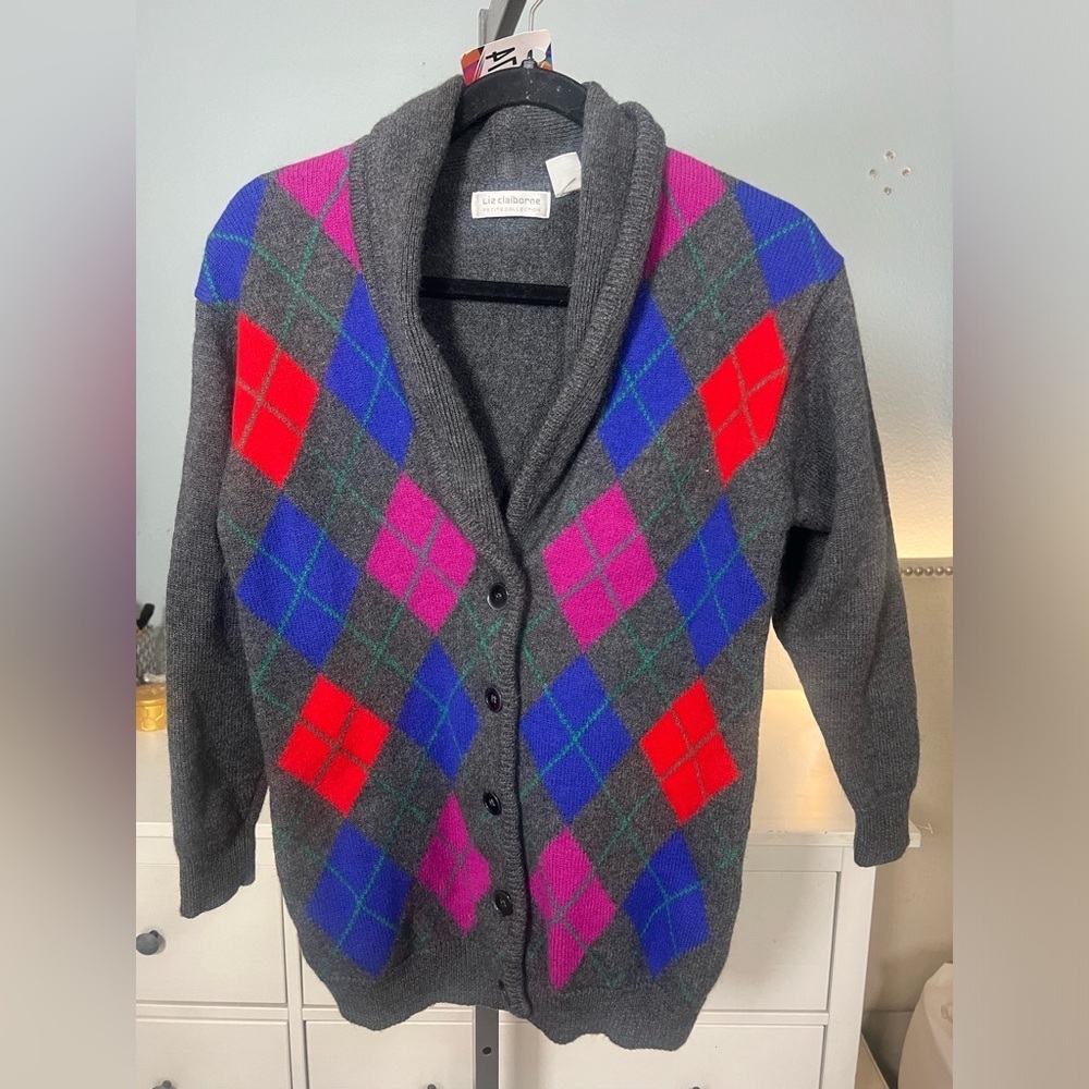 Vintage   80s Argyle Merino Wool Cardigan Liz Claiborne Preppy Sweater